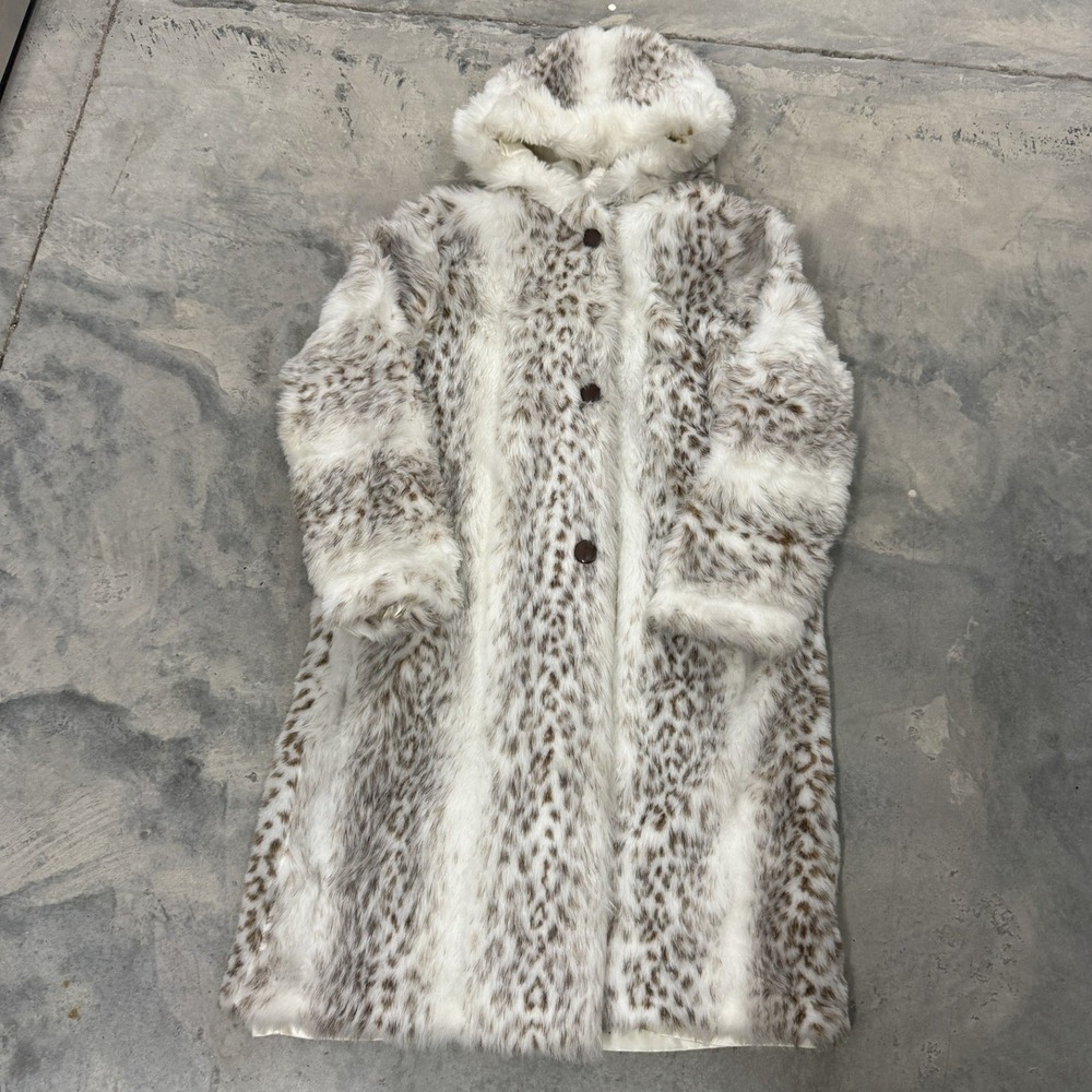 Skyline Faux Fur Coat Womens OS White Snow Leopard Good Hooded Longline Glam